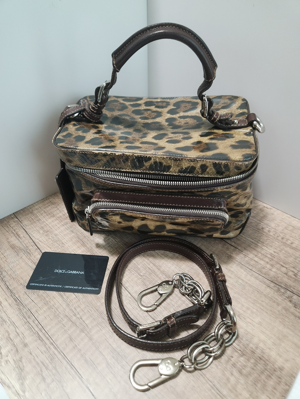 Vintage Dolce & Gabbana Y2k Patent Leather Leopard Print Trunk Bag W/ Auth. Card